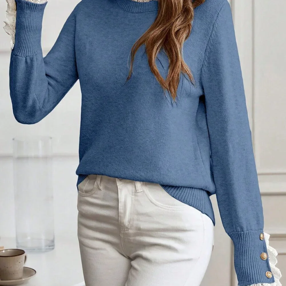 Blue Casual Elegant Women's Long Sleeve Contrast Embroidered Floral Sweater